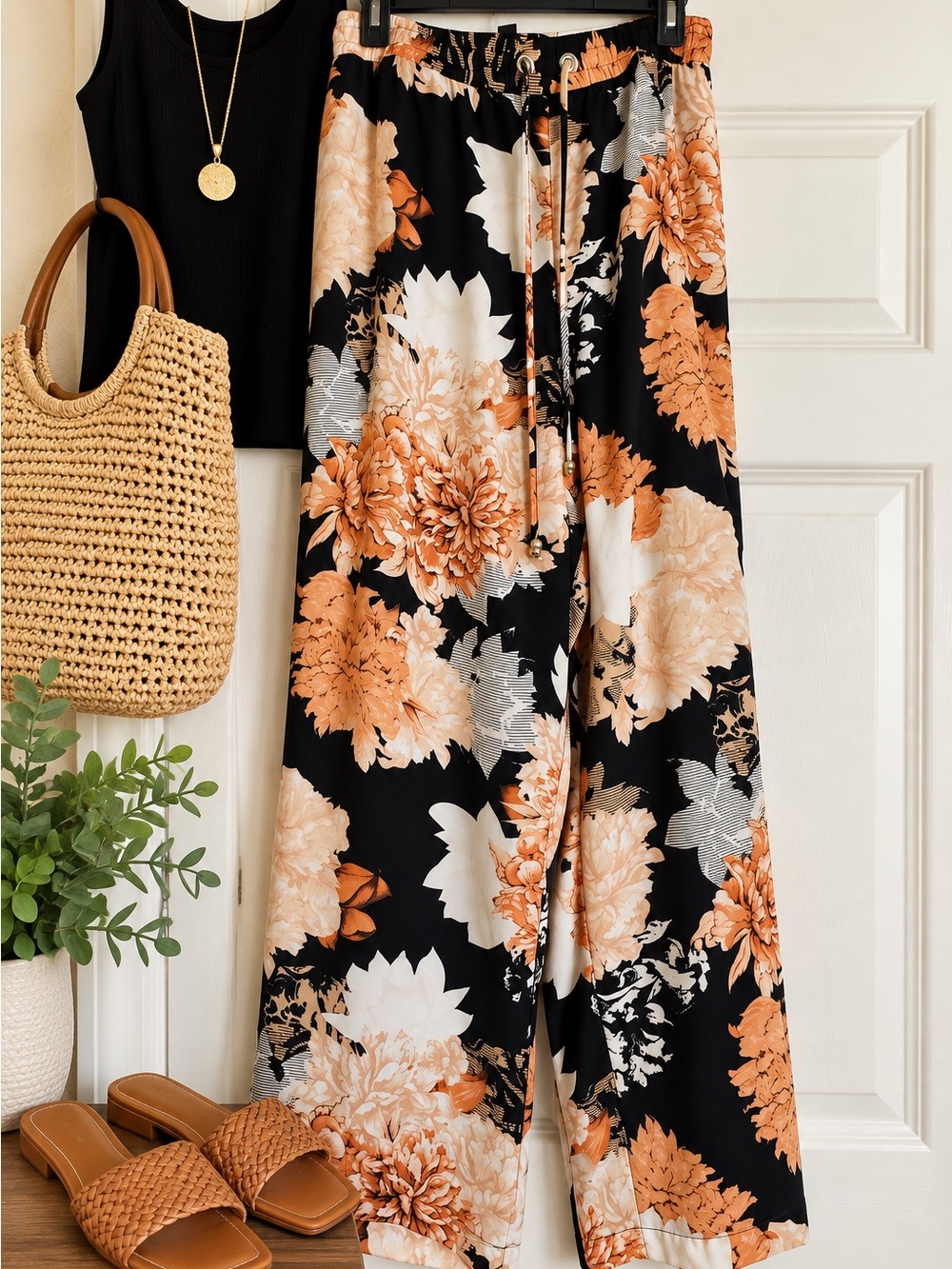 JM Collection Black Wide-Leg Pants with Peach and Cream Floral Print